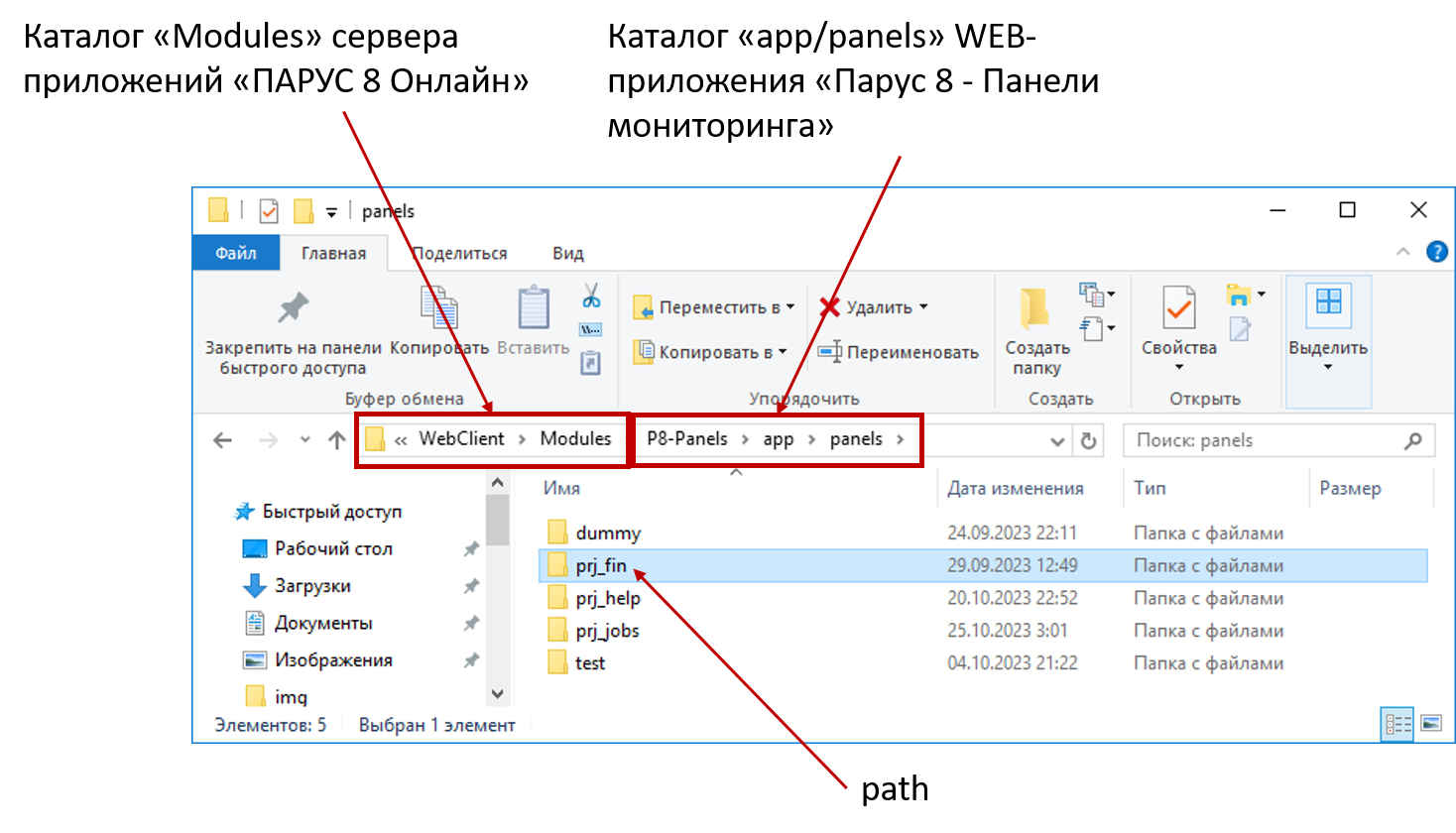 Размещение панели